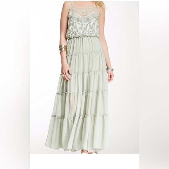 Free People Stardust Seafoam Green Beaded Chiffon Mesh Maxi Dress - Picture 1 of 14